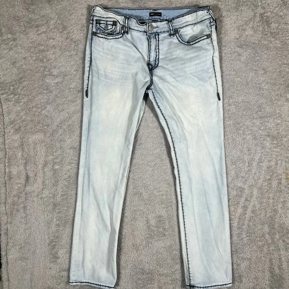 True Religion Ricky Relaxed Straight Jeans Light Wash Blue Stitch Mens 38